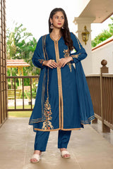 Blue Art Silk Embroidered Trouser Suit Set