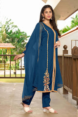 Blue Art Silk Embroidered Trouser Suit Set