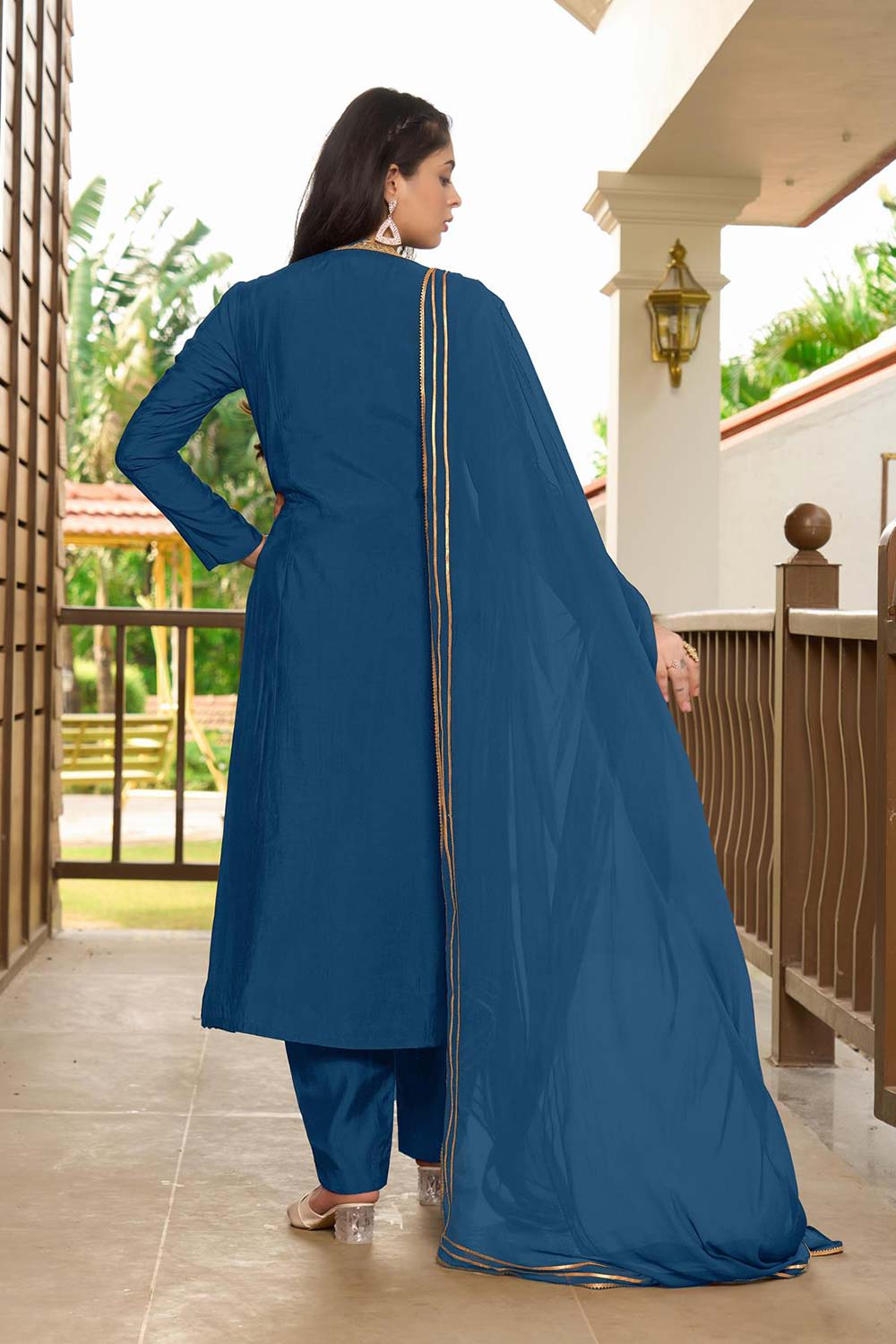 Blue Art Silk Embroidered Trouser Suit Set