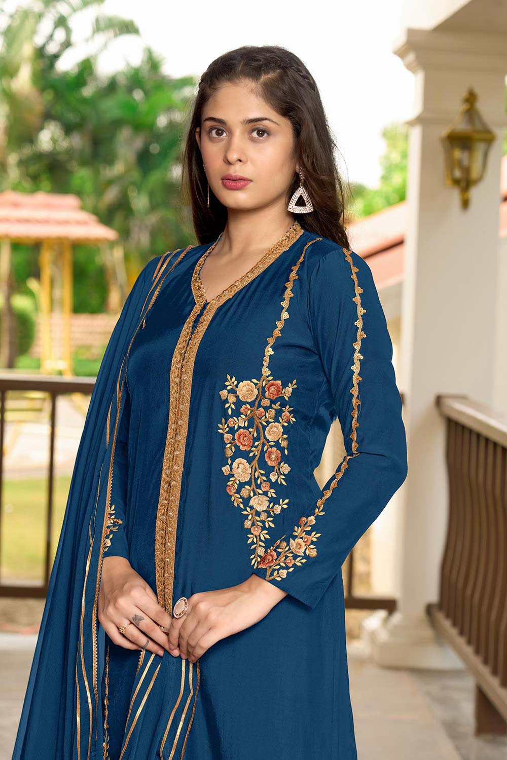 Blue Art Silk Embroidered Trouser Suit Set