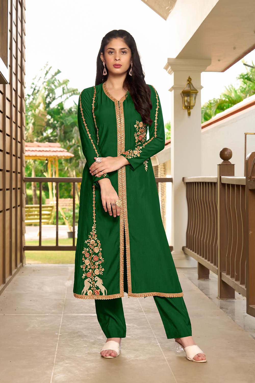 Dark Green Hand Embroidery Art Silk A Line Kurta