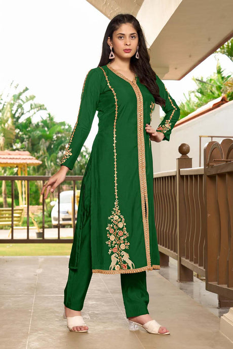 Dark Green Hand Embroidery Art Silk A Line Kurta