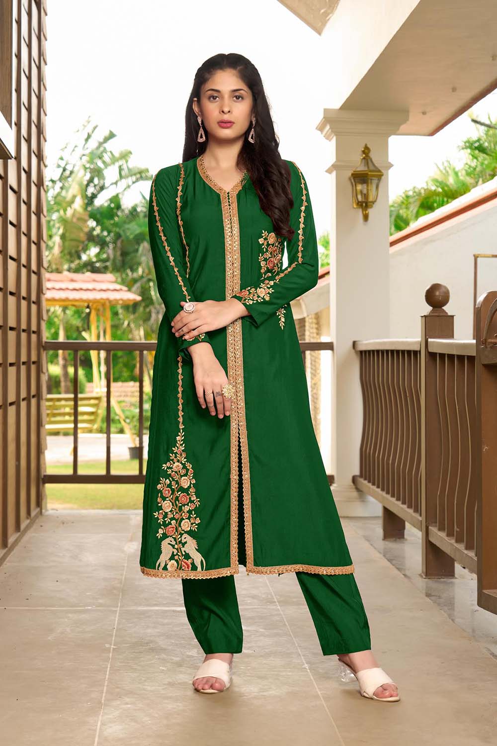 Dark Green Hand Embroidery Art Silk A Line Pants Kurti Set