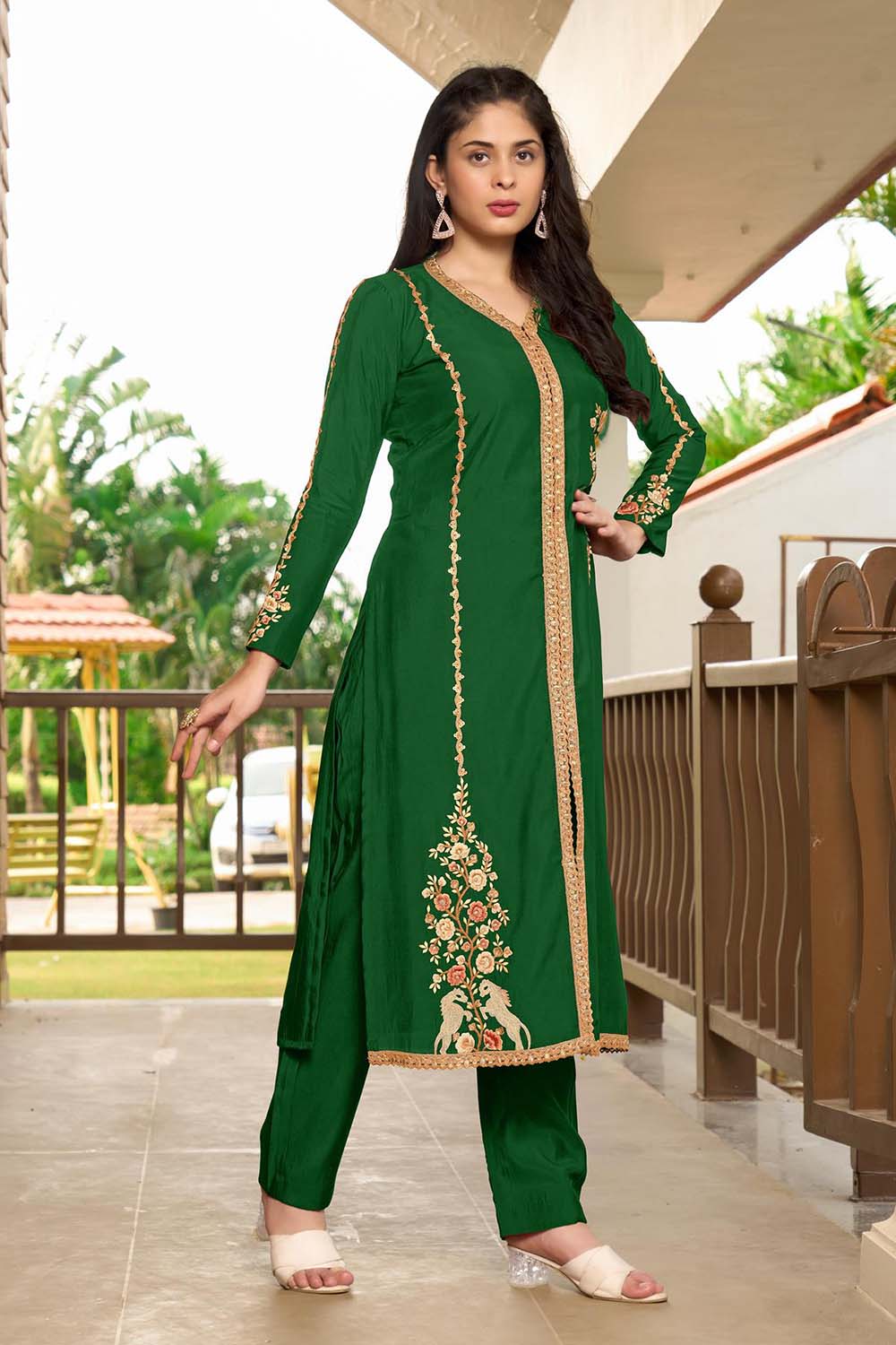 Dark Green Hand Embroidery Art Silk A Line Pants Kurta Set