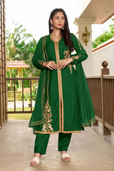 Green Art Silk Embroidered Trouser Suit Set