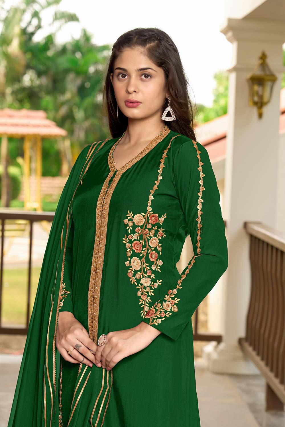 Green Art Silk Embroidered Trouser Suit Set