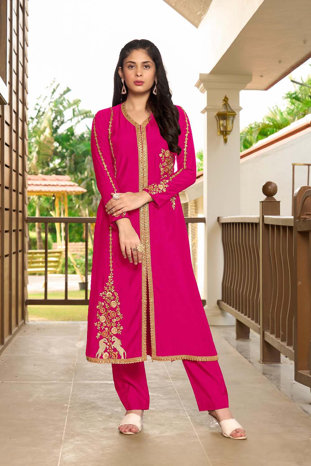 Pink Hand Embroidery Art Silk A Line Kurta