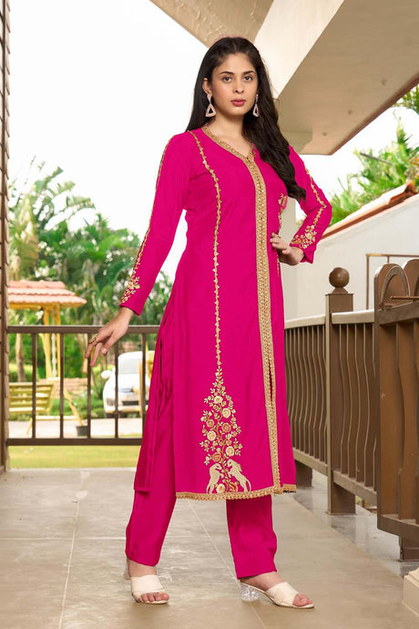 Pink Hand Embroidery Art Silk A Line Kurta