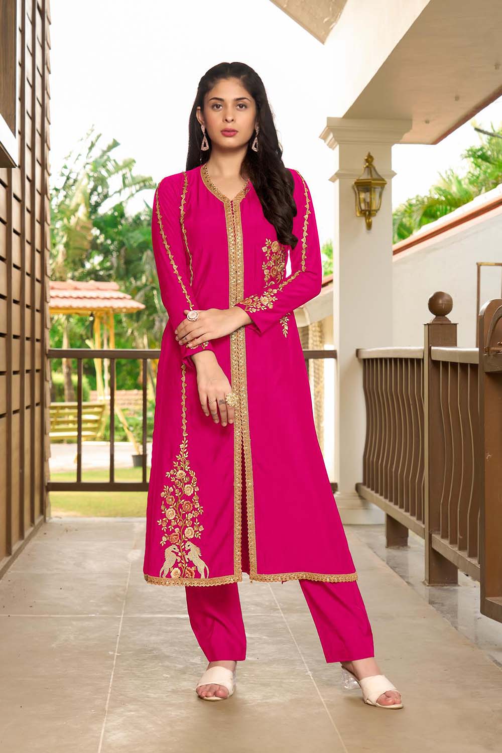 Pink Hand Embroidery Art Silk A Line Pants Kurta Set