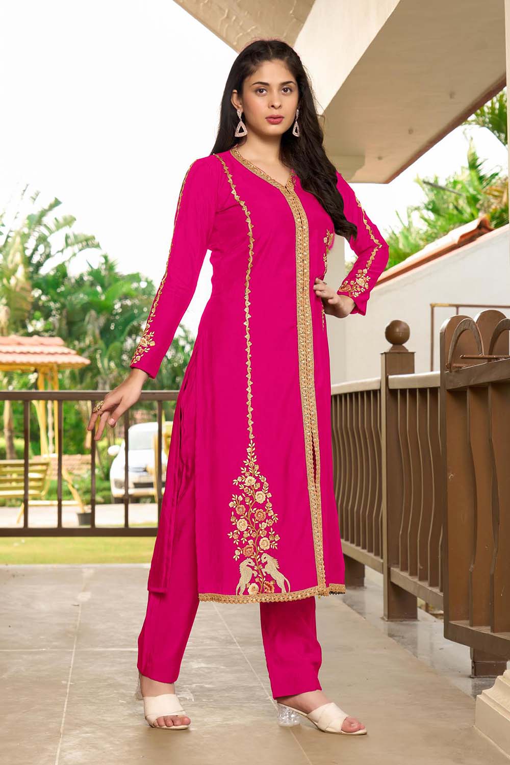 Pink Hand Embroidery Art Silk A Line Pants Kurta Set