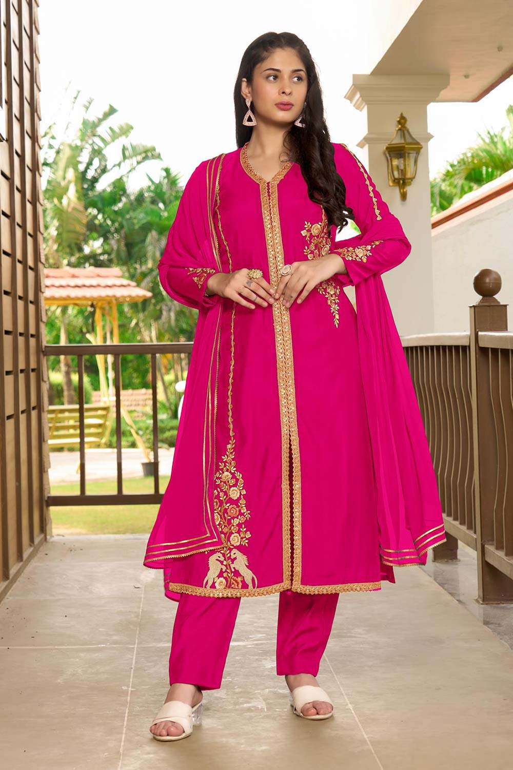 Pink Art Silk Embroidered Trouser Suit Set