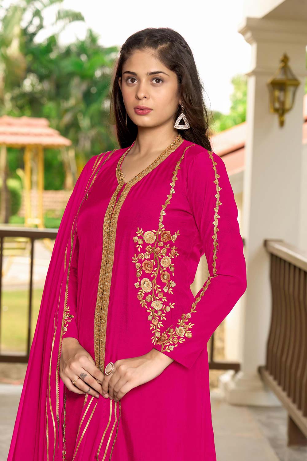 Pink Art Silk Embroidered Trouser Suit Set