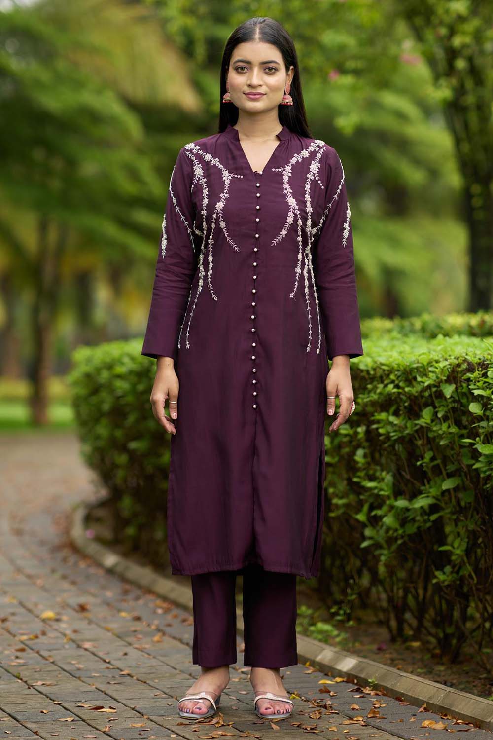 Violet Hand Embroidery Art Silk Straight Cut Kurta