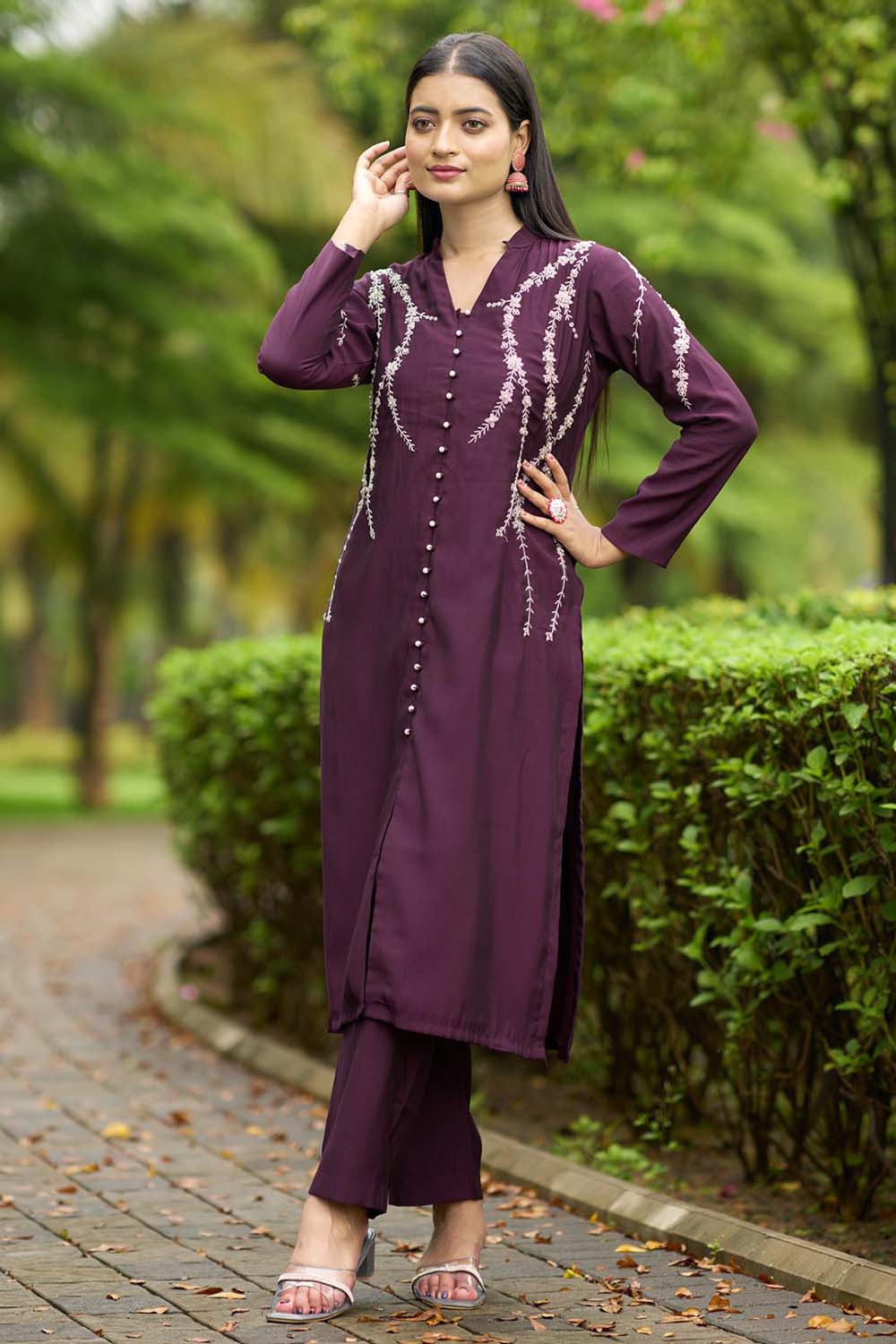 Violet Hand Embroidery Art Silk Straight Cut Kurta