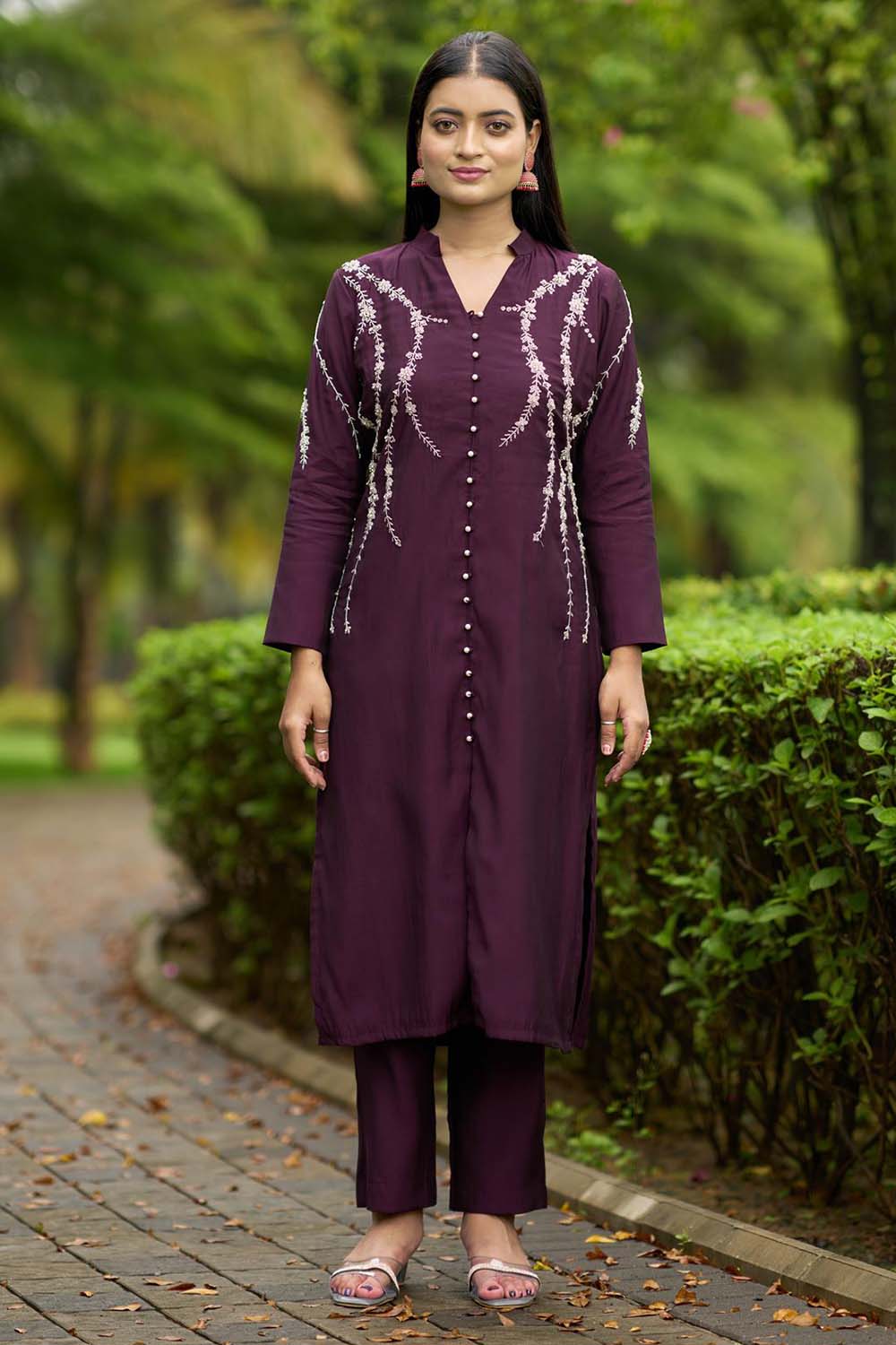 Violet Hand Embroidery Art Silk Straight Cut Kurta Pants Set