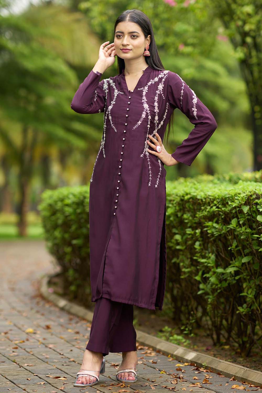 Violet Hand Embroidery Art Silk Straight Cut Kurta Pants Set