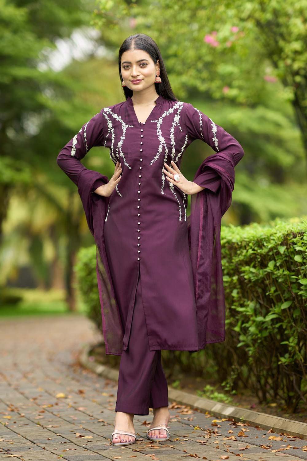 Violet Art Silk Embroidered Trouser Suit Set