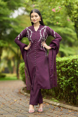 Violet Art Silk Embroidered Trouser Suit Set