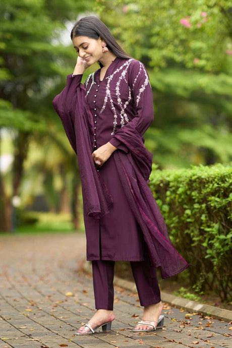 Violet Art Silk Embroidered Trouser Suit Set