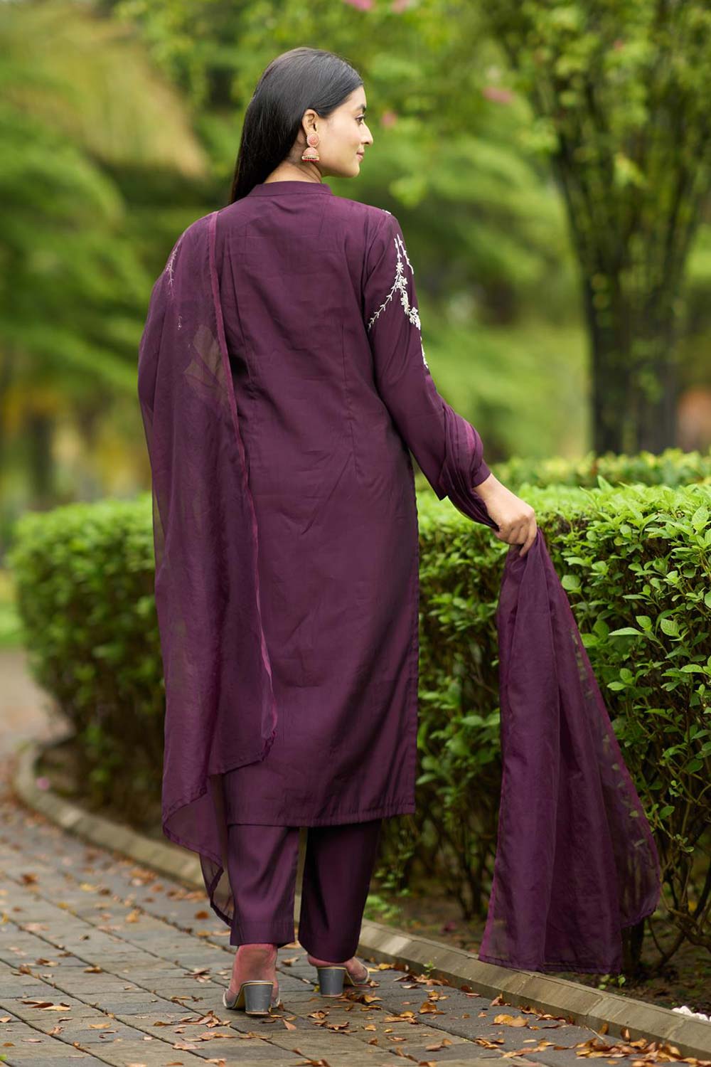 Violet Art Silk Embroidered Trouser Suit Set