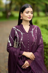 Violet Art Silk Embroidered Trouser Suit Set