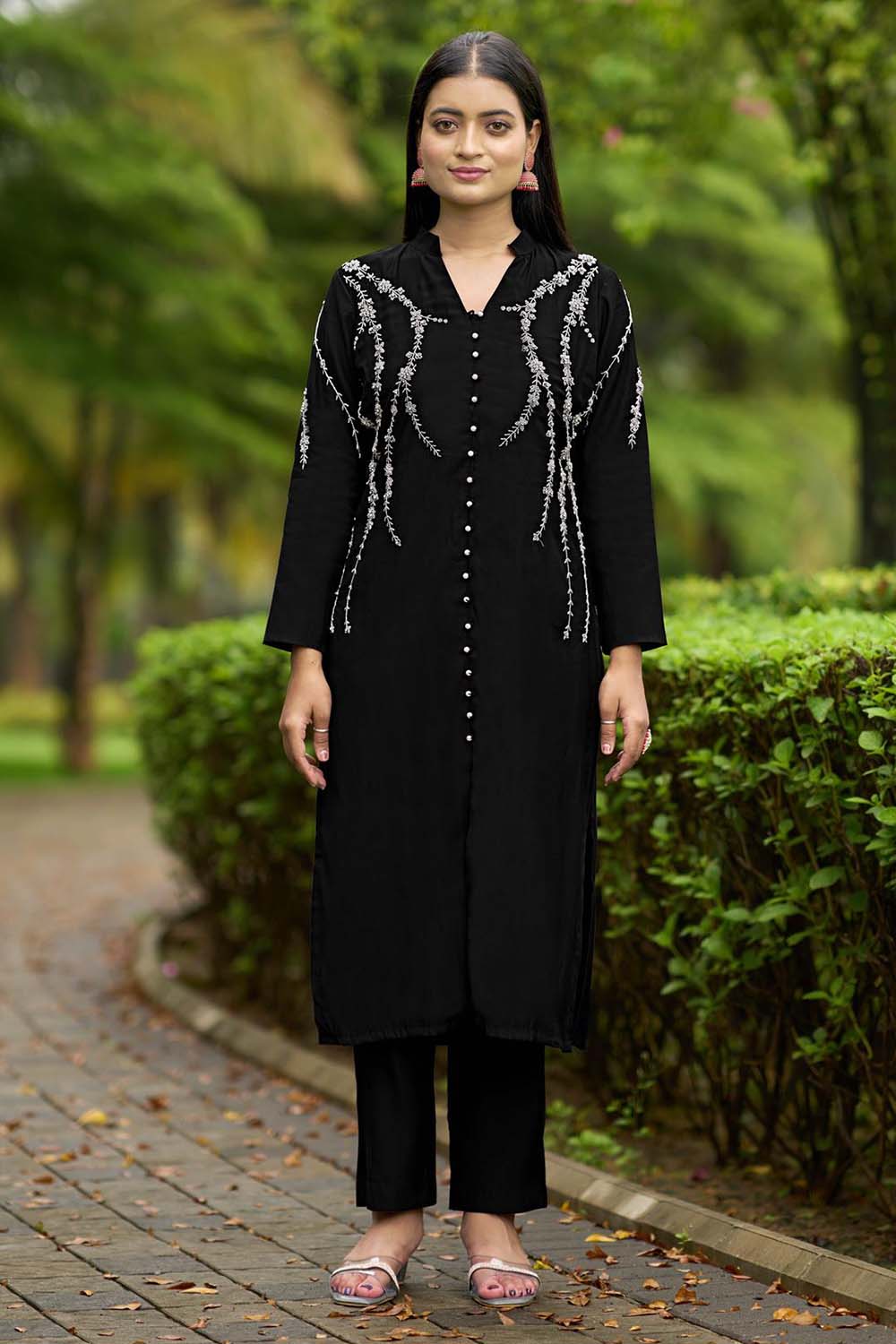 Black Hand Embroidery Art Silk Straight Cut Kurta