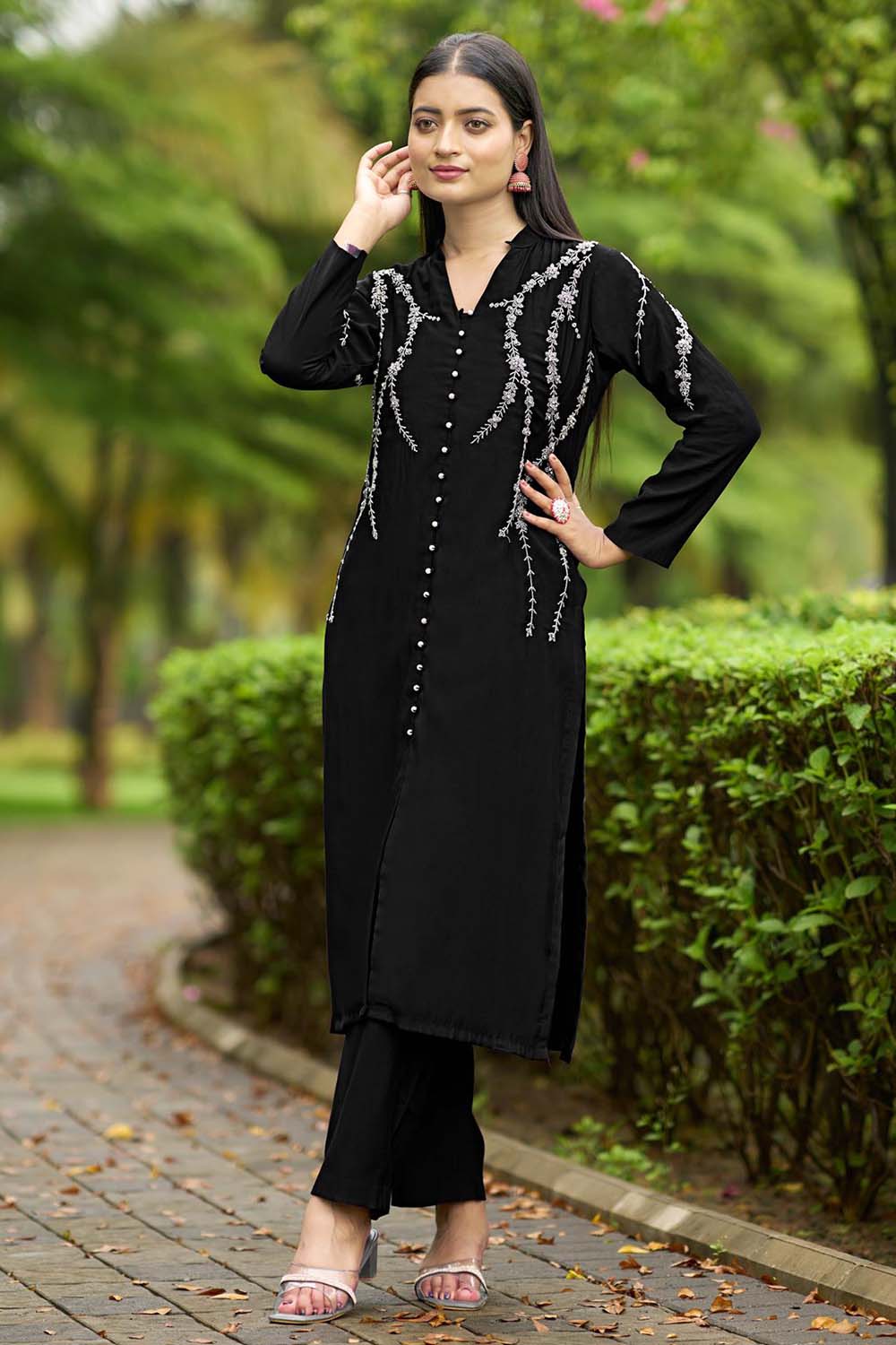 Black Hand Embroidery Art Silk Straight Cut Kurti