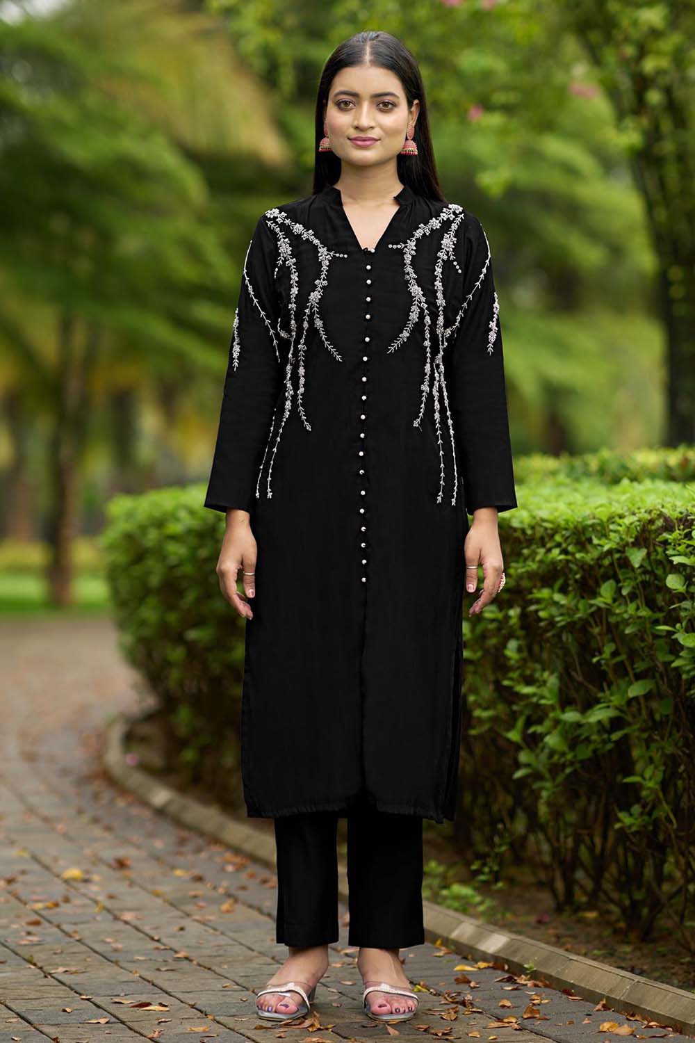 Black Hand Embroidery Art Silk Straight Cut Kurta Pants Set