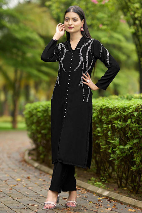 Black Hand Embroidery Art Silk Straight Cut Kurta Pants Set