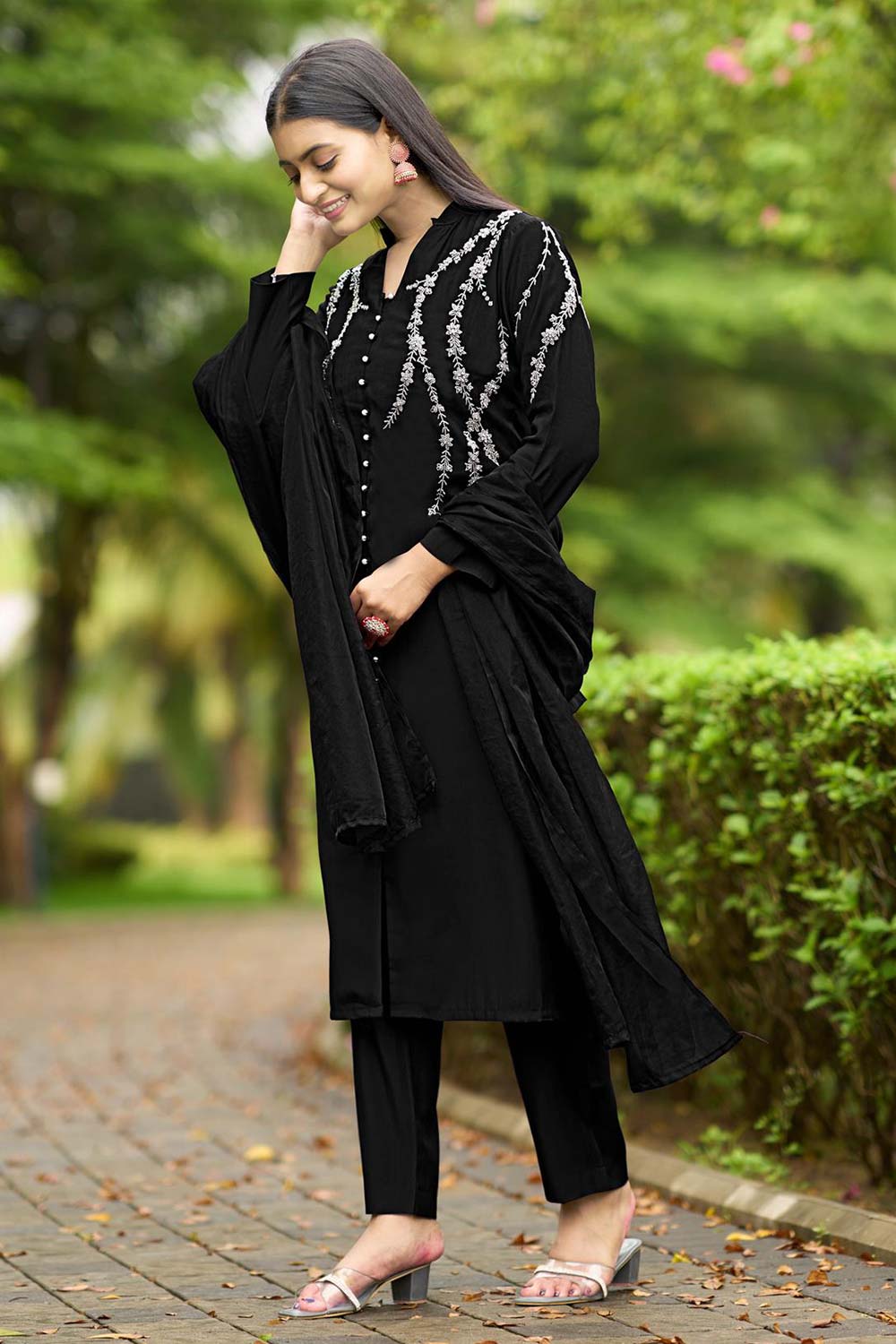 Black Art Silk Embroidered Trouser Suit Set