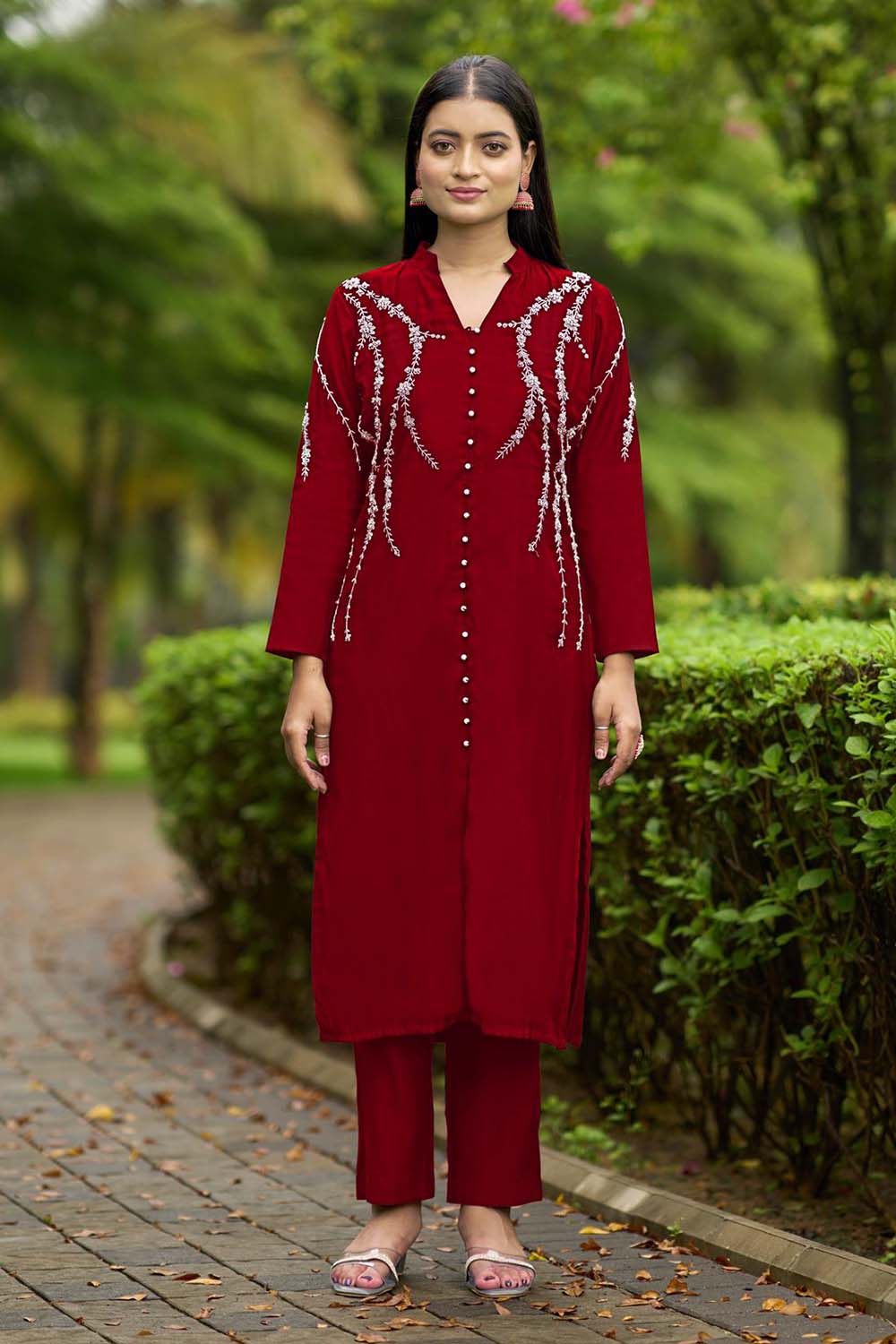 Maroon Hand Embroidery Art Silk Straight Cut Kurta