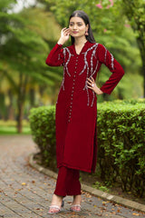 Maroon Hand Embroidery Art Silk Straight Cut Kurta