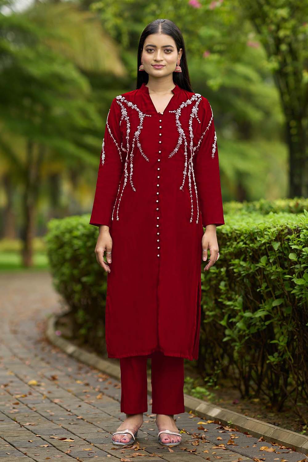 Maroon Hand Embroidery Art Silk Straight Cut Kurta Pants Set