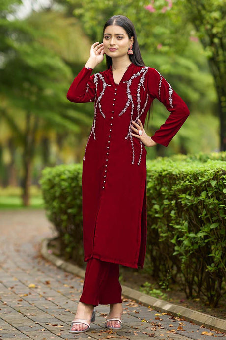 Maroon Hand Embroidery Art Silk Straight Cut Kurta Pants Set