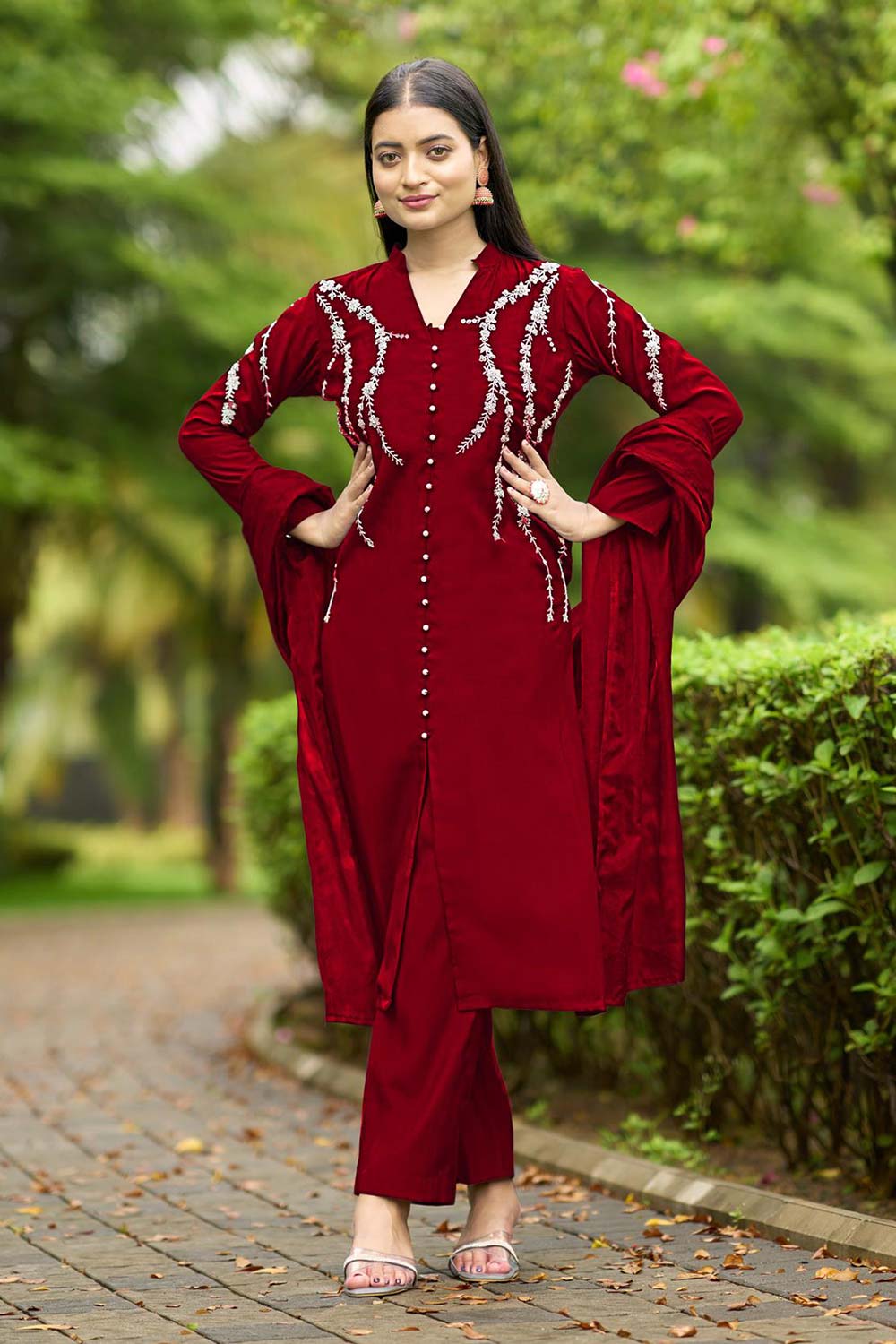 Red Art Silk Embroidered Trouser Suit Set