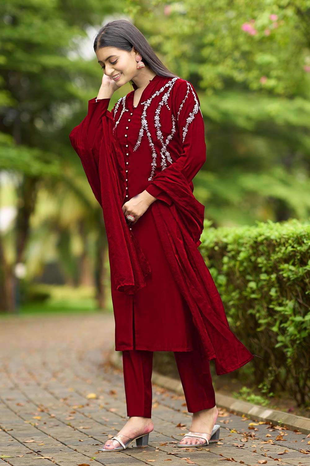 Red Art Silk Embroidered Trouser Suit Set