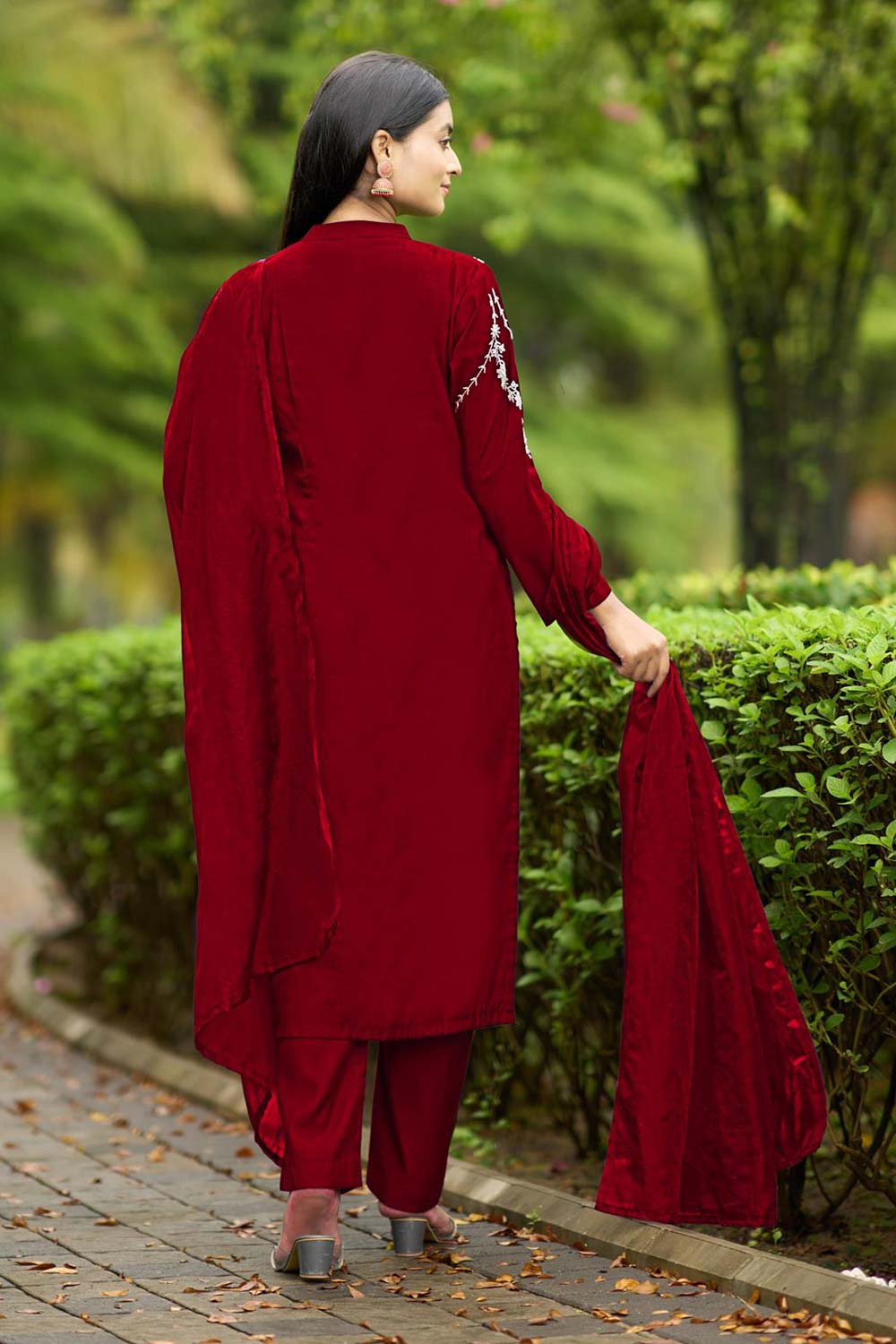 Red Art Silk Embroidered Trouser Suit Set