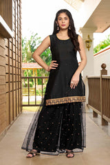 Black Resham Embroidery Cotton Straight Cut Kurti