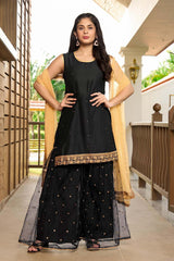 Black Cotton Embroidered Sharara Suit Set