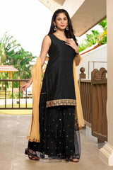 Black Cotton Embroidered Sharara Suit Set