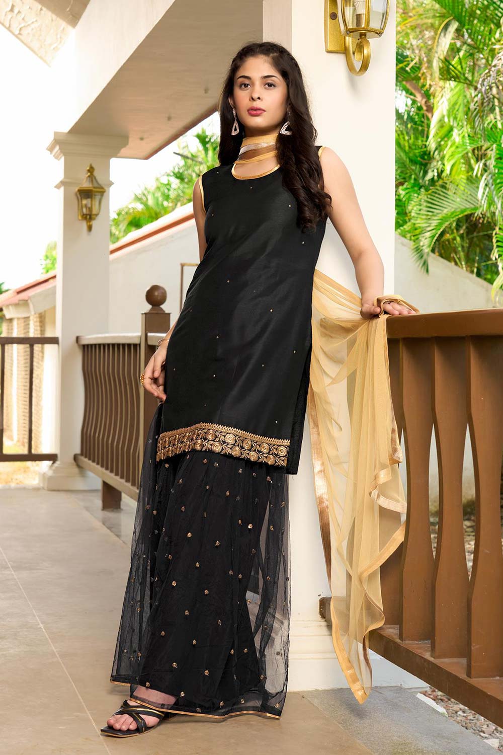 Black Cotton Embroidered Sharara Suit Set