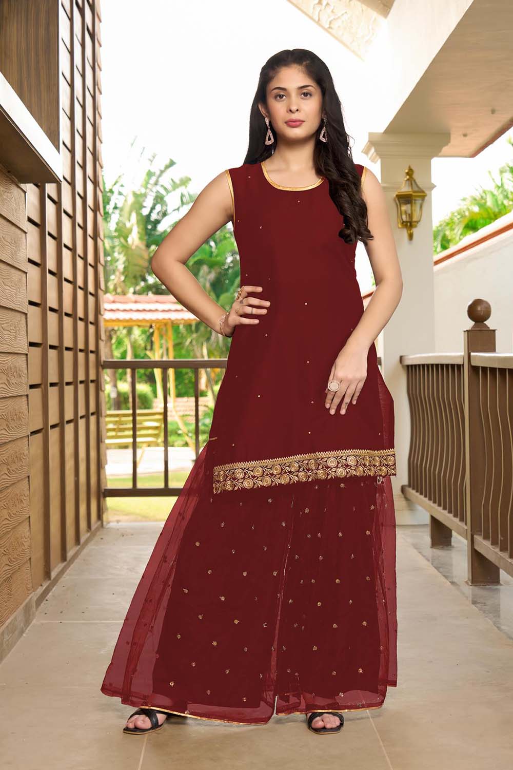 Maroon Resham Embroidery Cotton Straight Cut Kurti