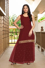 Maroon Resham Embroidery Cotton Straight Cut Kurta