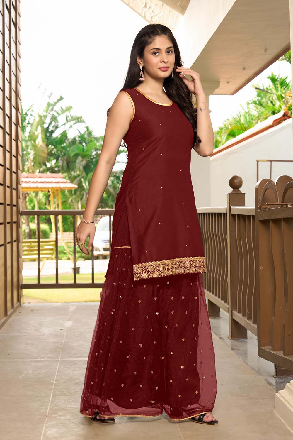 Maroon Resham Embroidery Cotton Straight Cut Kurta