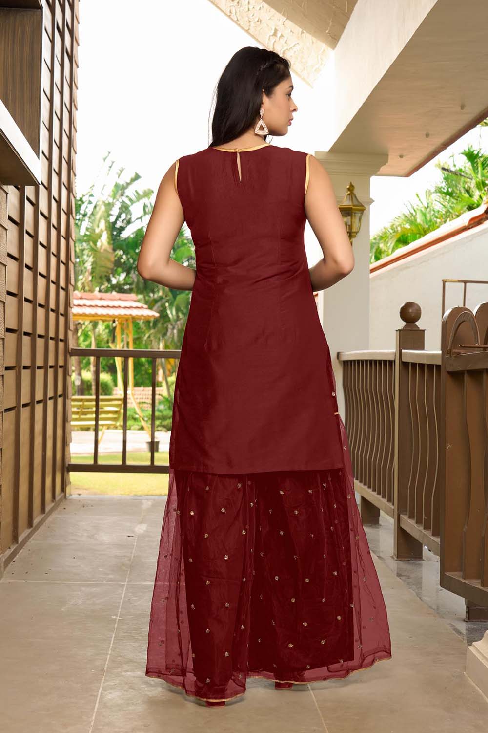 Maroon Resham Embroidery Cotton Straight Cut Kurta