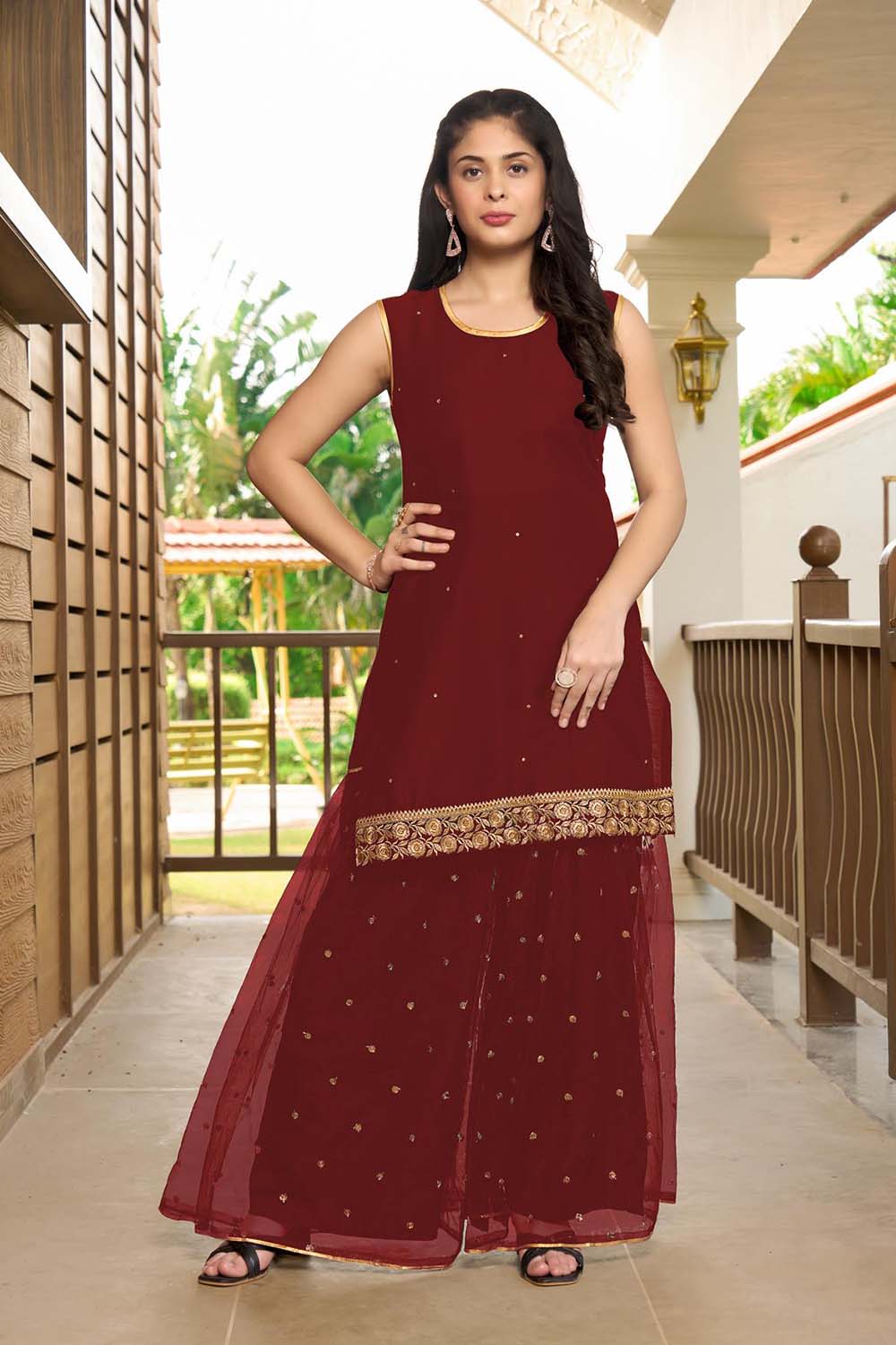 Maroon Resham Embroidery Cotton Straight Cut Shahara Kurti Set