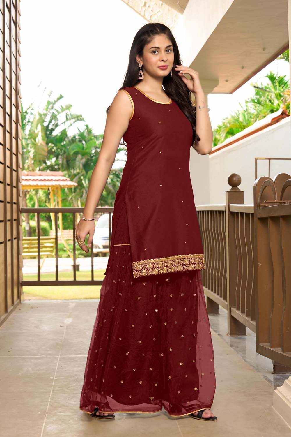 Maroon Resham Embroidery Cotton Straight Cut Shahara Kurta Set