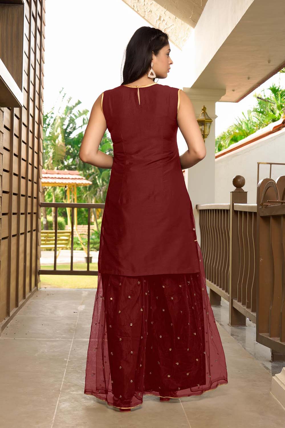 Maroon Resham Embroidery Cotton Straight Cut Shahara Kurta Set