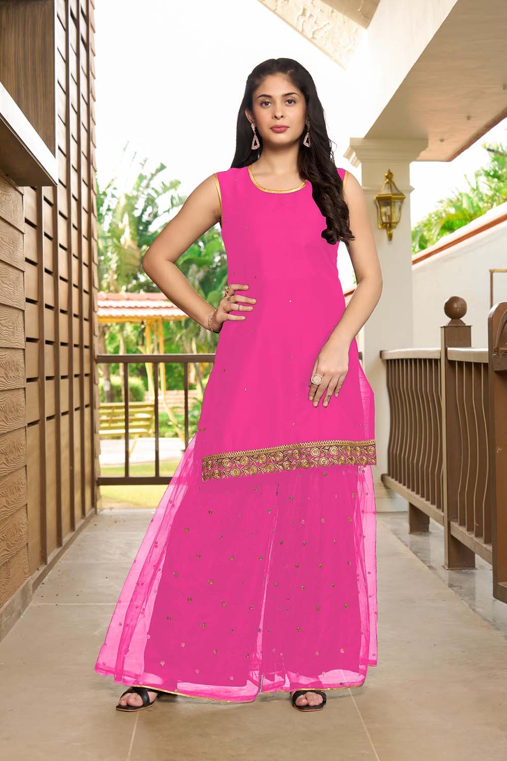 Pink Resham Embroidery Cotton Straight Cut Kurti