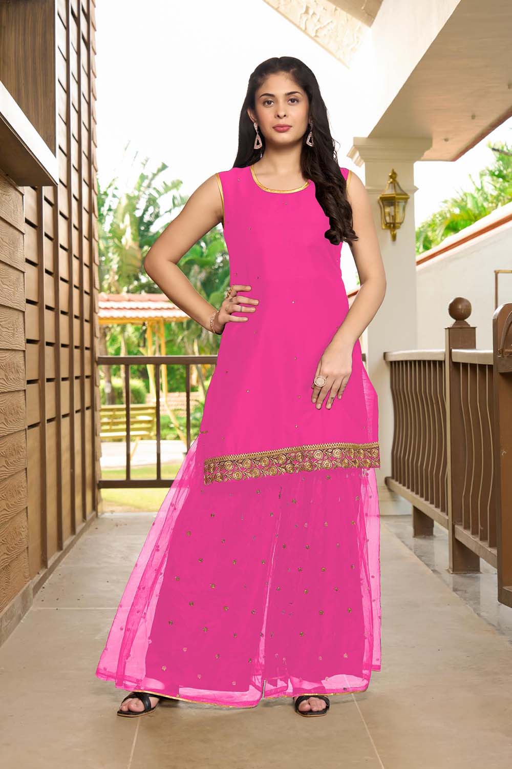 Pink Resham Embroidery Cotton Straight Cut Shahara Kurti Set